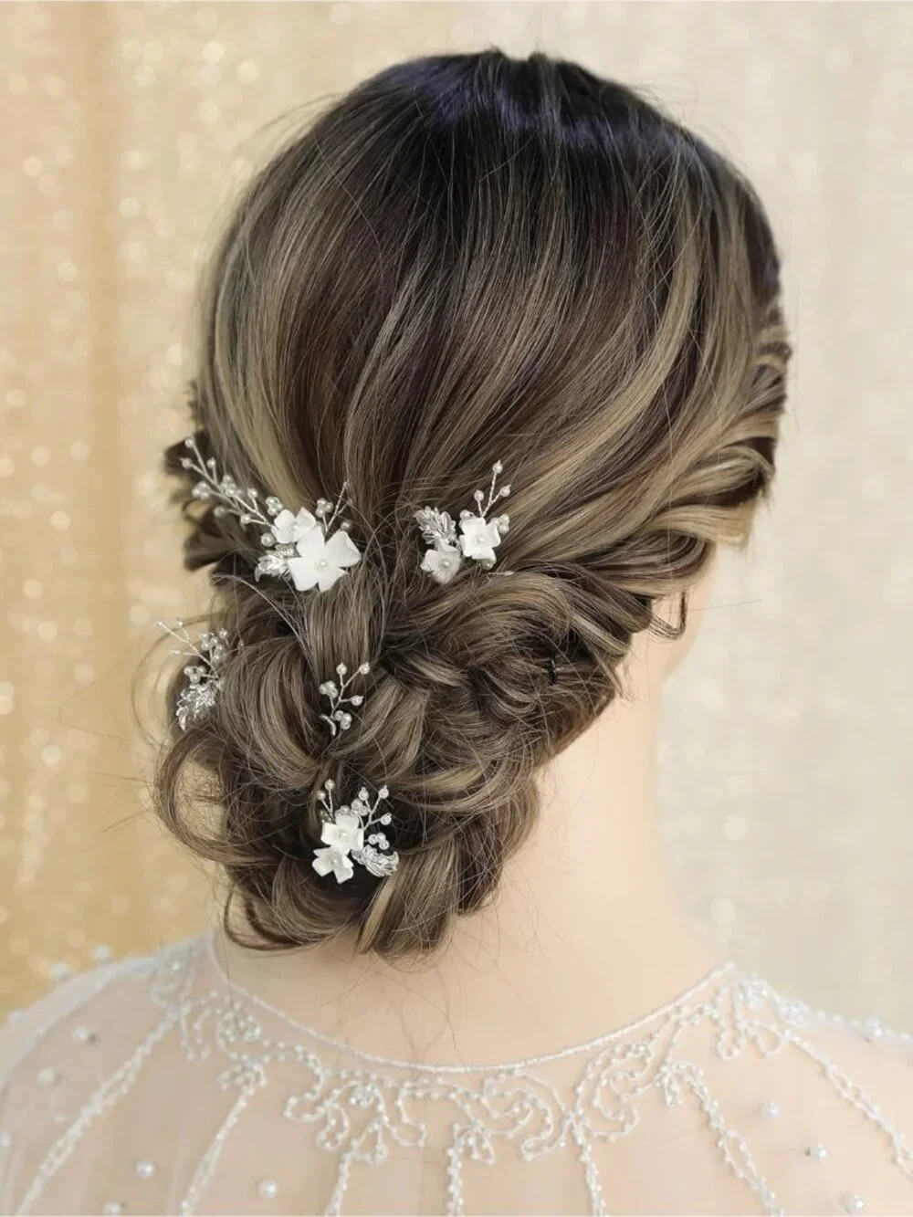 Women's Silver 6 Pieces Handmade Gold Leaf Pearls Flower Bridal Hair Bridesmaid